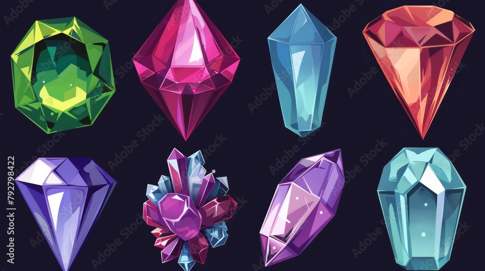 Aufkleber a modern cartoon set of shiny gems with ruby, diamond, amethyst and emerald. the background is isola