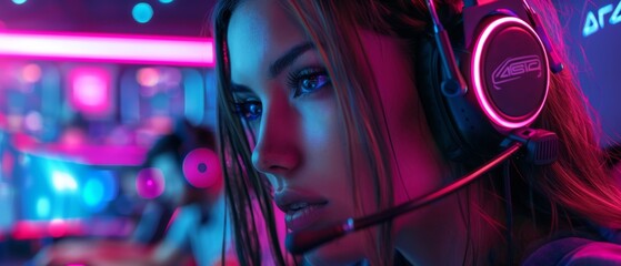 In an eSport Cyber Games Tournament, a beautiful professional gamer girl and her team participate. She has her headphones and commands her team strategically. - obrazy, fototapety, plakaty