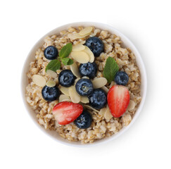 Tasty oatmeal with strawberries, blueberries and almond flakes in bowl isolated on white, top view