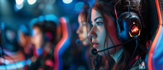 A professional gamer girl and her team compete in an eSport Cyber Games Tournament wearing headphones and colorful bands. - obrazy, fototapety, plakaty