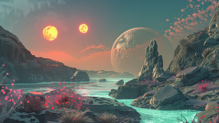 3D depiction of an alien planet, bizarre rock formations, bioluminescent plants, alien sky with two suns,