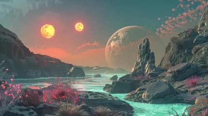 Fotobehang 3D depiction of an alien planet, bizarre rock formations, bioluminescent plants, alien sky with two suns, © elbanco