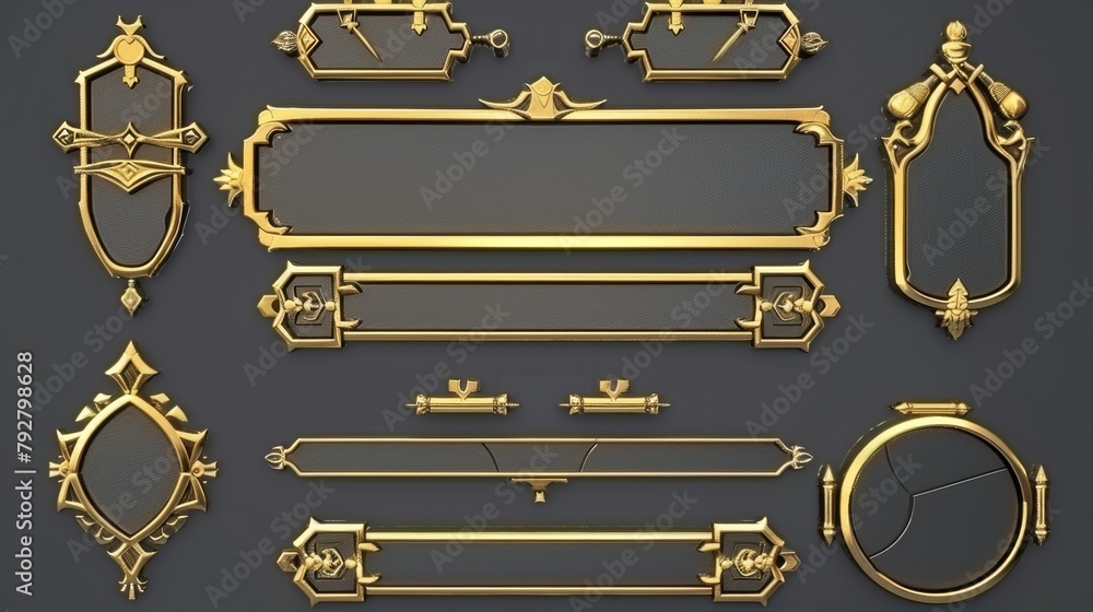Poster cartoon 3d modern illustration of game ui frames, medieval gold menu elements, buttons and banners. 
