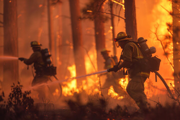 Firefighters battling a severe forest fire with water hoses.