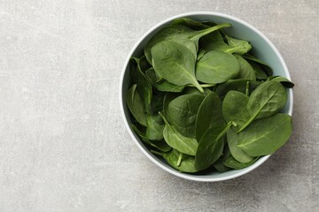 Fresh spinach leaves in bowl on light textured table, top view. Space for text