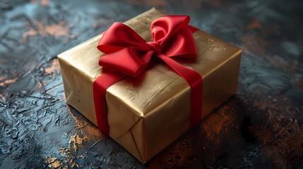 A golden gift box with a red velvet bow, beautifully showcased on a solid silver background,...
