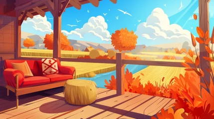  A wooden terrace with autumn countryside views. Modern cartoon illustration of a rural landscape with fields, rivers, hay bales, and a cottage veranda or balcony. © Mark