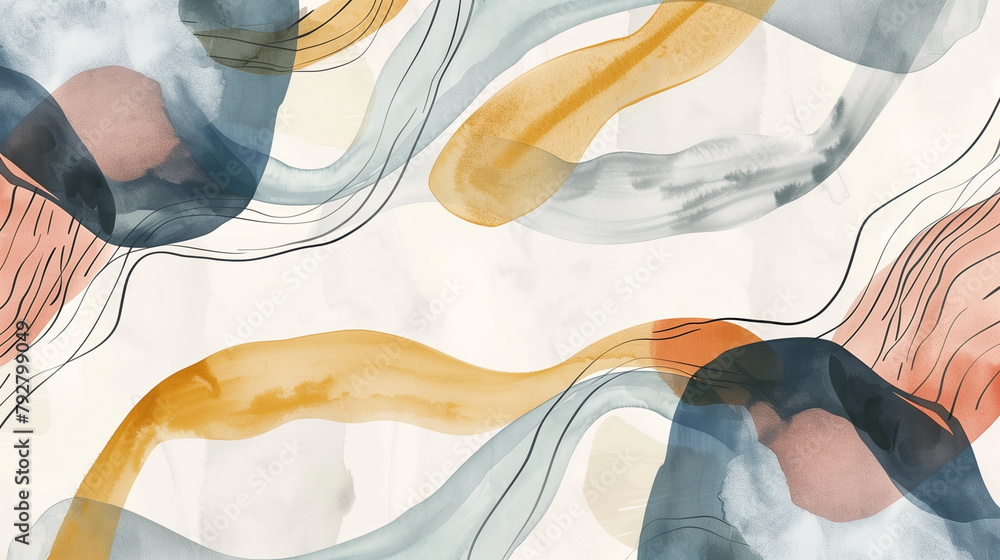 Poster minimalist lines and forms in watercolor, arranged in a delicate and understated abstract pattern. ,