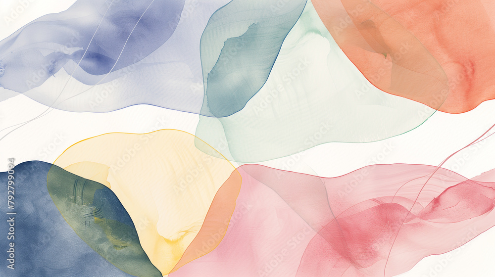 Poster minimalist lines and forms in watercolor, arranged in a delicate and understated abstract pattern. ,