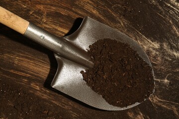Metal shovel with fertile soil on dirty wooden surface, top view