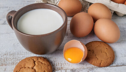 a cup of milk with cookies and eggs on white wooden table.