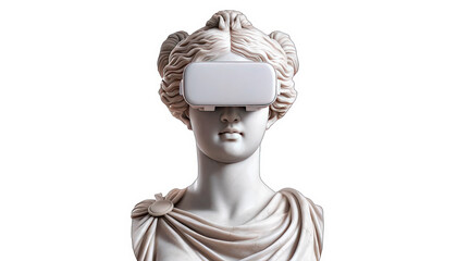 Marble statue of a woman with VR headset, symbolizing the intersection of classical beauty and modern virtual technology for art and tech sectors