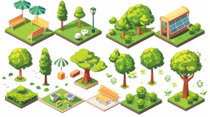 Modern banner depicting city public garden, eco park with solar panels, vending machines, and playground set in an isometric format with green trees, grass, plants, benches and umbrellas.