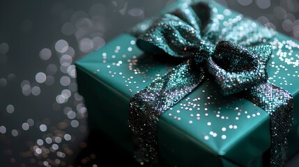 A green gift box with a sparkling silver ribbon, delicately placed on a solid black background, creating a striking contrast.