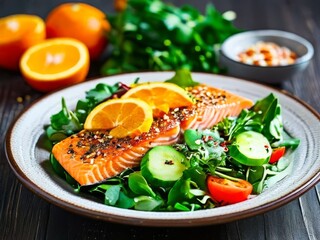 Salad on a white plate with salmon, green leaves and citrus fruits on a black wooden background. Healthy food for a healthy lifestyle. Bright colors, organic products.