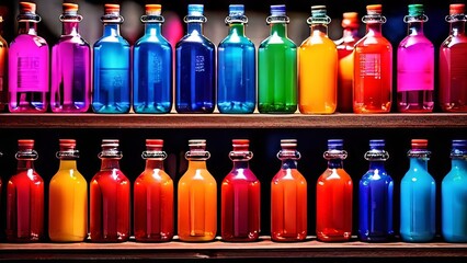 Glass bottles with corks and multi-colored transparent liquids. Lemonades, syrups or liqueurs. Copy space