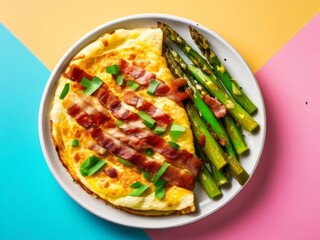Breakfast, omelet with bacon and asparagus on a white plate. Bright multi-colored background. Healthy food for a healthy lifestyle from organic products.