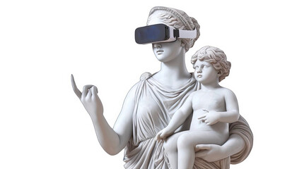 Statue of a woman and child with VR headsets, capturing the blend of classical art with modern virtual reality for tech, family, and education use.
