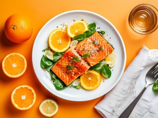 Salad on a white plate with salmon, green leaves and citrus fruits on a orange background. Healthy food for a healthy lifestyle. Bright colors, organic products.