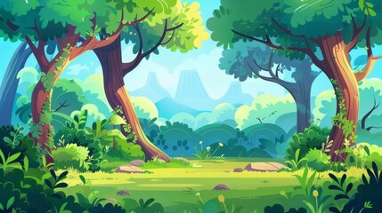 Forest landscape with green grass and trees in summer. Modern illustration of deep woods, park or garden landscape with green plants, bushes, and stones.