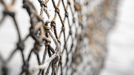 Close-up of a weathered net with selective focus, revealing texture and patterns.