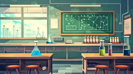This modern cartoon illustration shows an empty class with flasks and the chemical periodic table displayed on the walls. There are formulas on the blackboard, and formulas are written on the desk.