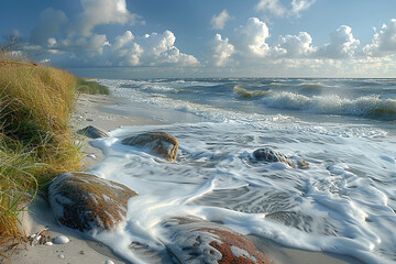 Küstenlandschaft im Wind, mit Strand, Steinen und Meer.