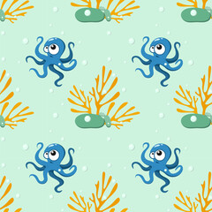 Pattern with octopuses and corals, air bubbles and stones. Cheerful childrens humorous seamless pattern on turquoise background. Vector illustration