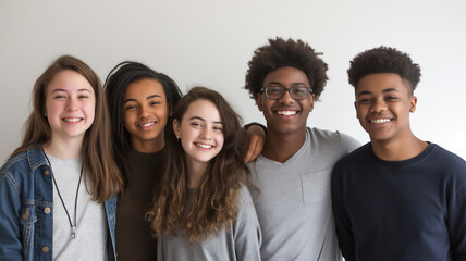 Group of five diverse smiling teenagers posing together. - obrazy, fototapety, plakaty