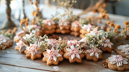 A decorative wreath made of dried leaves and flowers, a natural44. A row of beautifully decorated sugar cookies, tempting the taste buds.
