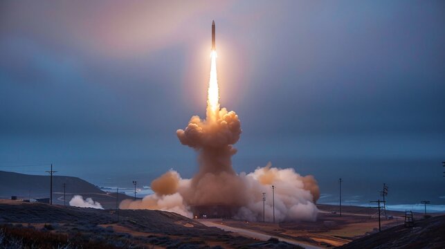 Secret military base launching a hypersonic missile at twilight a scene blending secrecy with raw power