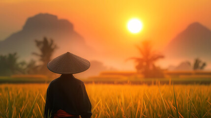 Silhouette of Person Standing Alone in Serene Field at Sunset, Vietnam Farmer Silhouette 
