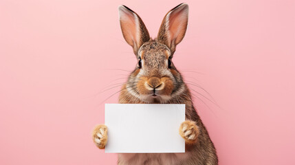Obraz premium Easter bunny with white sign Board, Bunny holding sing board for advertisement, Discount, sales, offers,