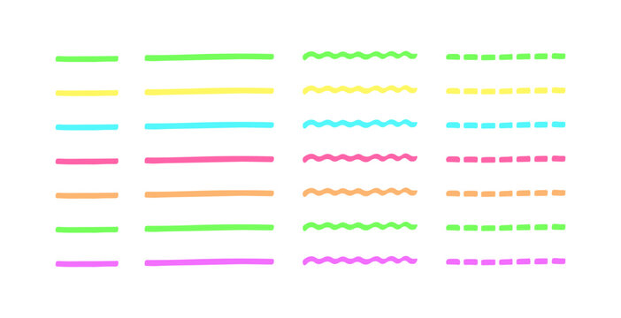 Multicolored transparent line highlighters of different shapes set. Marker underline strokes vector elements.