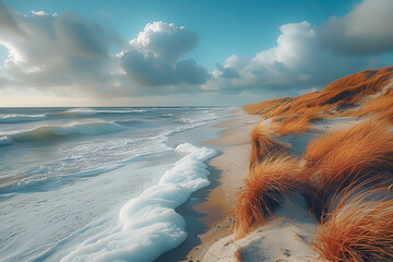 Küstenlandschaft im Wind, mit Strand, Dünengras und Meer.