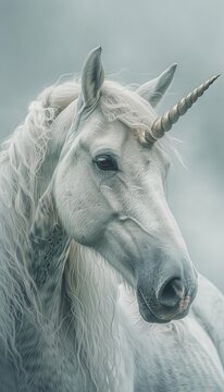 Combine the elegance of a Unicorn seen from the side with the idea of introspection Illustrate it using a photorealistic technique with a dreamy touch, in portrait photography style