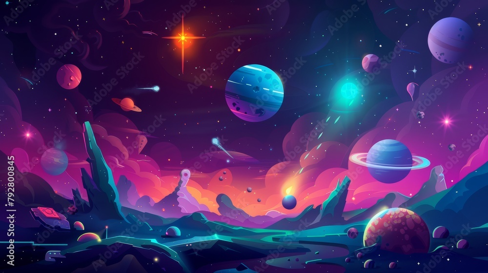Aufkleber planets in outer space with satellites, exploding star and glowing nebula in dark sky. galaxy, cosmo