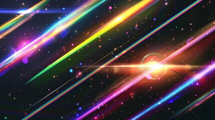 Fototapeta na wymiar Light is refracting from a prism or diamond, resulting in lens flares. This modern illustration is isolated on black background and features bright rainbow streaks and sparkles.