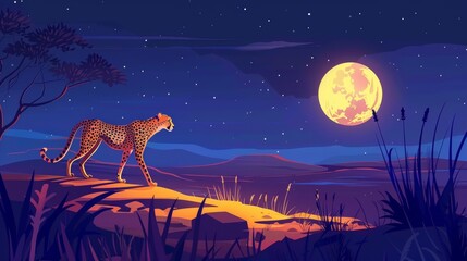The cheetah walking alongside the full moon in the african desert landscape at night. Wild animals with spotted fur patterns. Watchful wildcat cartoon illustration. - obrazy, fototapety, plakaty