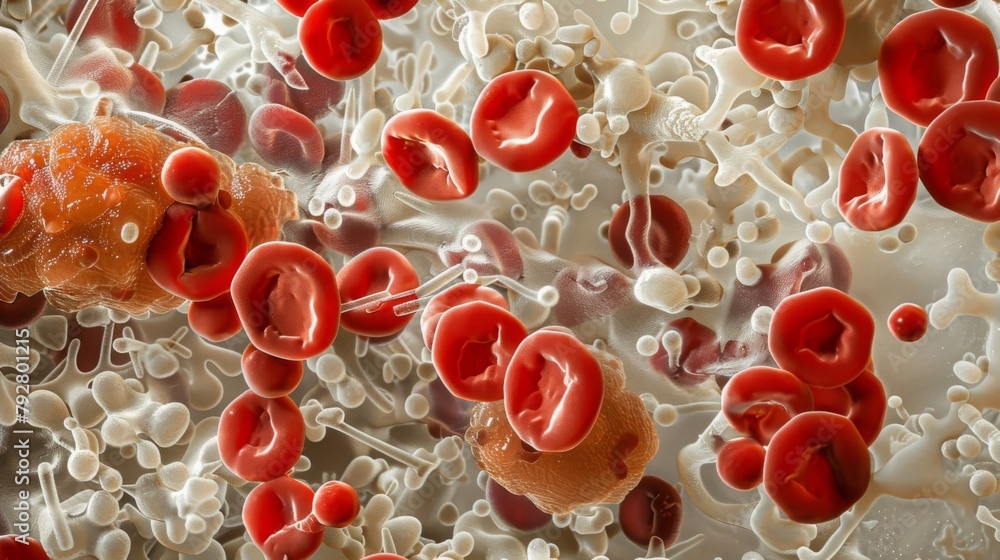 Poster a collection of red and white cells along with platelets in a diseased state with abnormal shapes an