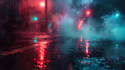 Wet asphalt reflection of neon lights a searchlight 