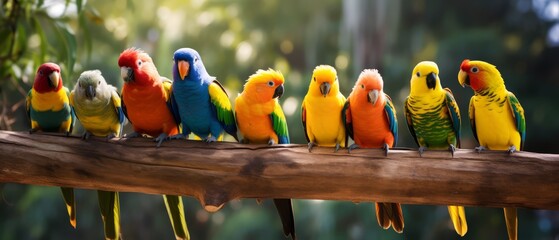 Parrots in a social setting at a farm, focusing on educational and conservation aspects - obrazy, fototapety, plakaty