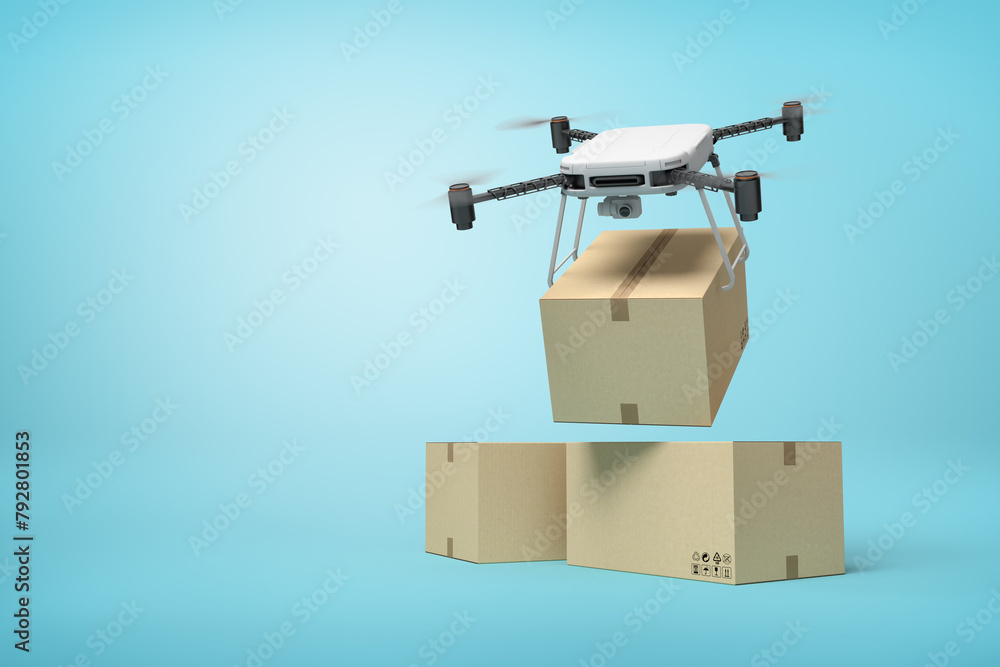 Poster 3d rendering of camera drone delivering cardboard box