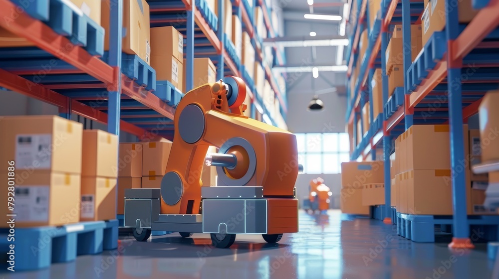 Poster in a warehouse interior, robots work on pallets using robot arms, drones, and automated machines. sm