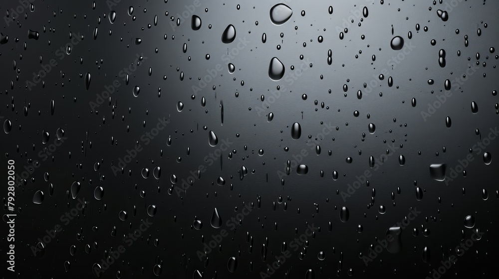 Poster water drops with wet trails on black glass background. sliding raindrops on dark window surface, sca
