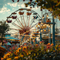 A carnival with a Ferris wheel and a carousel