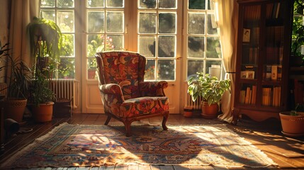 Sunlit Corner with Vintage Chair Ideal for Book Reading Peaceful Home Interior - obrazy, fototapety, plakaty