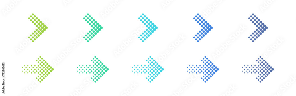 Poster colored up dotted arrows set. halftone arrow icons. colorful vector arrow collection. arrow icon set