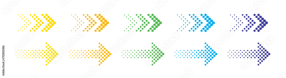Poster colored up dotted arrows set. halftone arrow icons. colorful vector arrow collection. arrow icon set