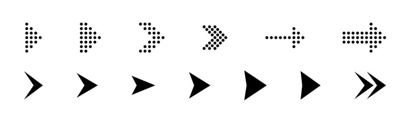 Dotted arrows set. Halftone arrow icons. Vector arrow collection. Arrow icon. Arrow Cursor set. Arrow icon set. Arrow collection. 